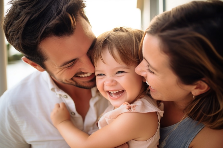 A mom and dad snuggle close to their smiling daughter